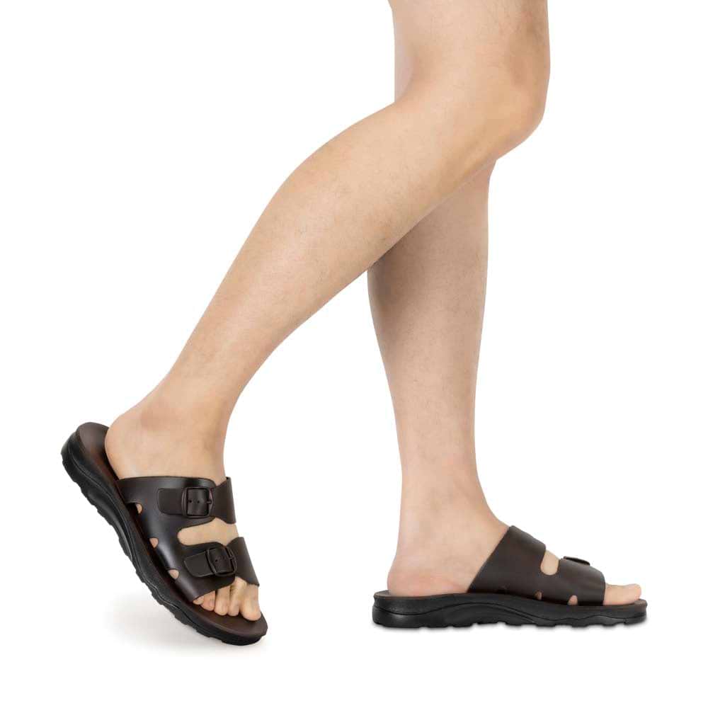 Model wearing Barnabas Brown, handmade leather slide sandals