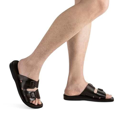 Barnabas Brown, handmade leather slide sandals - model View