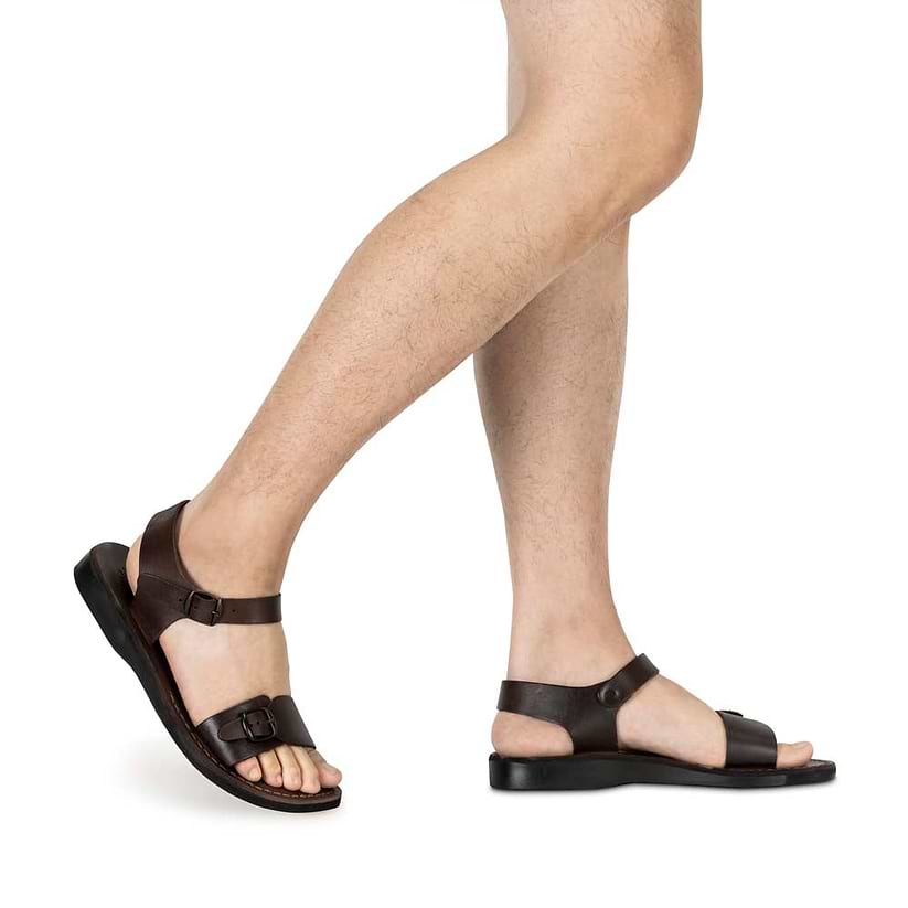 Model wearing The Original brown, handmade leather sandals with back strap