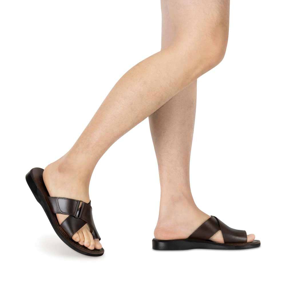 Asher brown, handmade leather slide sandals with toe loop - model View