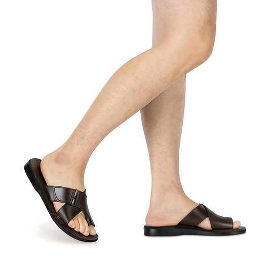 Asher brown, handmade leather slide sandals with toe loop - model View