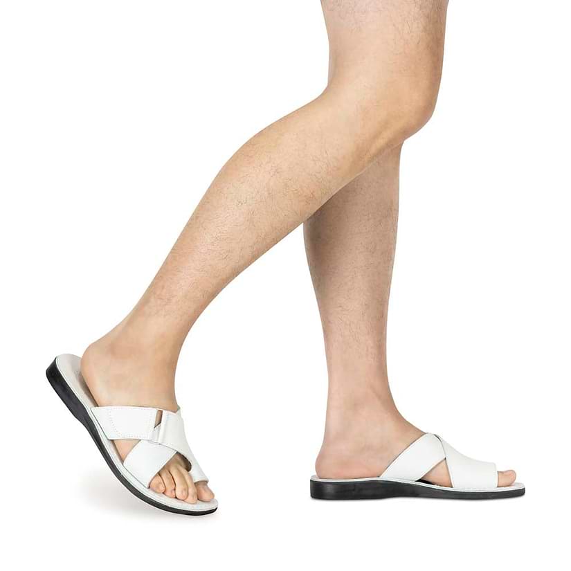 Asher white, handmade leather slide sandals with toe loop - model View