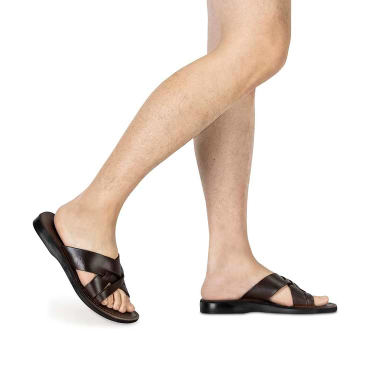Model wearing Jesse brown, handmade leather slide sandals - Front View