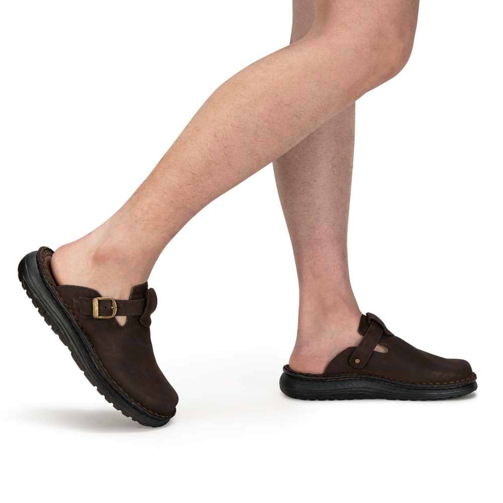 Model wearing Sawyer Brown Nubuck Closed Toe Leather Sandal - Side View