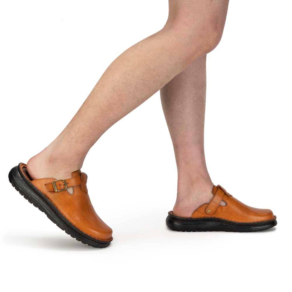 Model wearing Sawyer Honey Closed Toe  Leather sandal - Side View