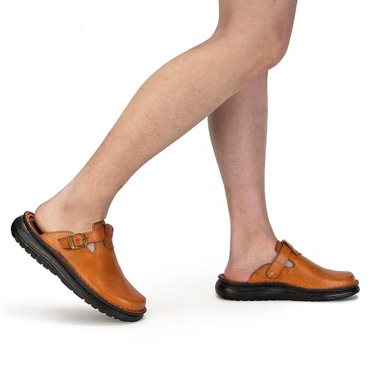 Model wearing Sawyer Honey Closed Toe  Leather sandal - Side View