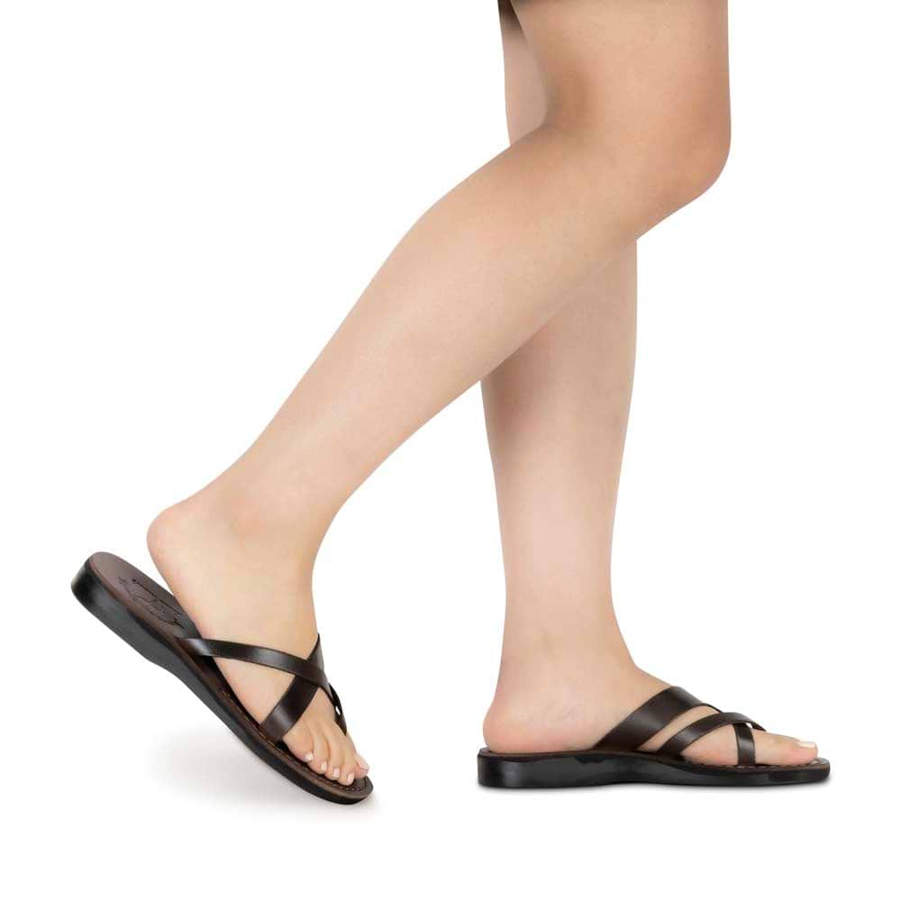 Jerusalem Sandals Abigail brown, handmade leather slide sandals with toe loop - side