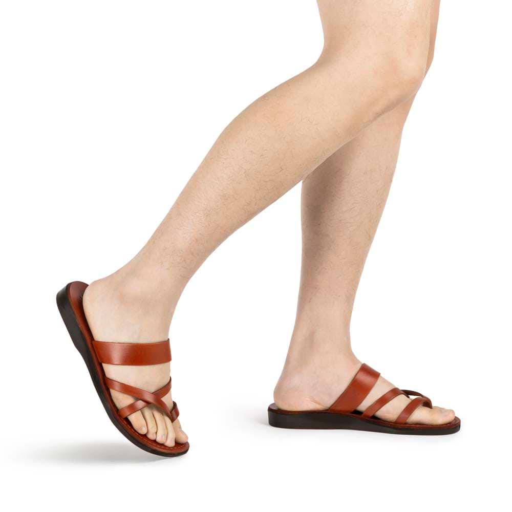 Exodus Honey, handmade leather slide sandals with toe loop - Front View