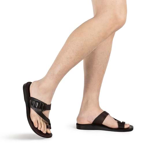 Abner Brown, handmade leather slide sandals with toe loop - Front View