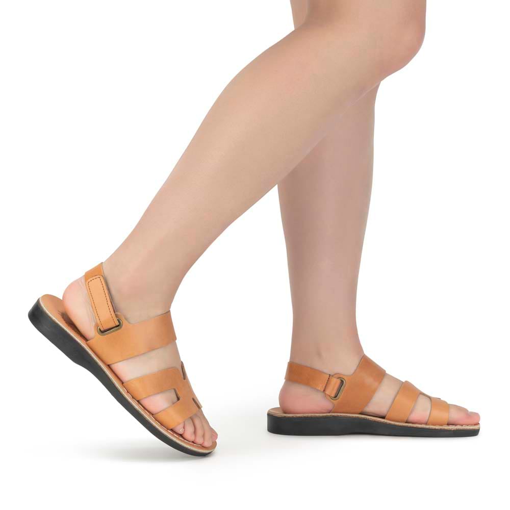 Model wearing Anna - Leather Slingback Flat Sandal | Tan - side view