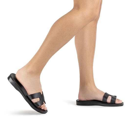 Anna Black, handmade slide leather sandals - model View