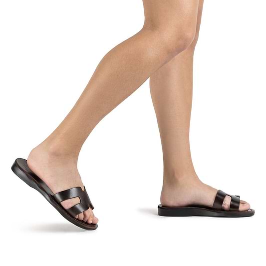Anna Brown, handmade slide leather sandals - Model View
