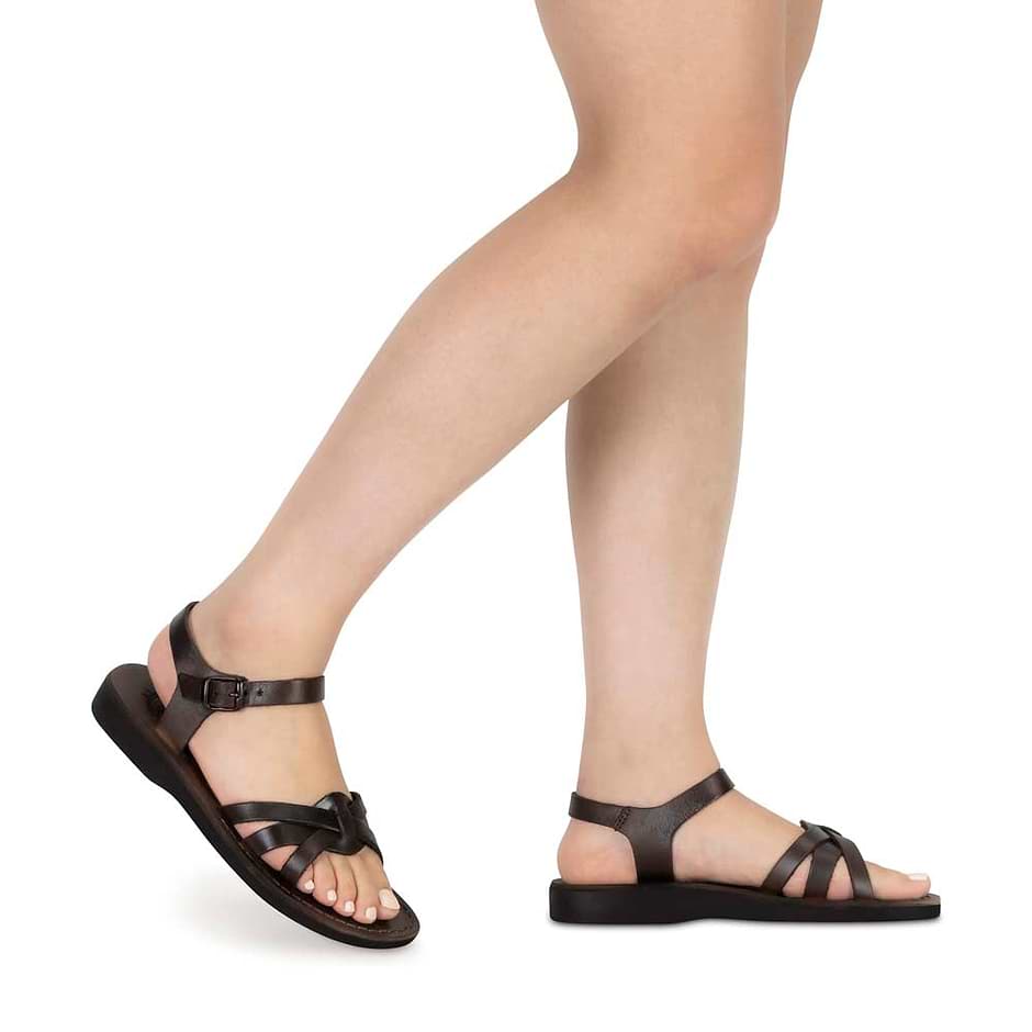 Model wearing Miriam brown sandals