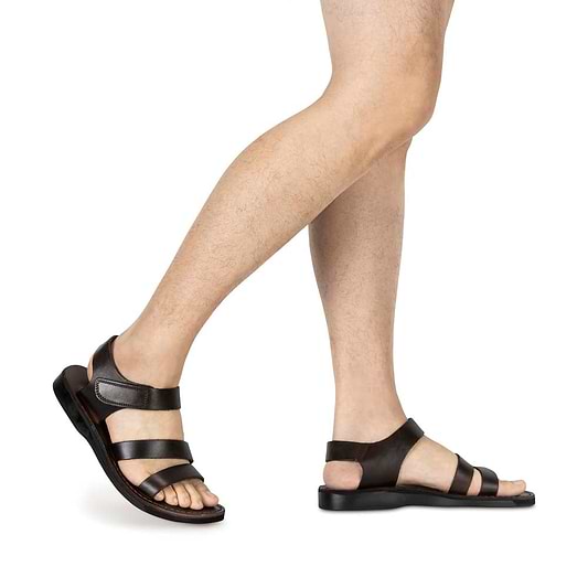 Model wearing Jared brown, handmade leather sandals with back strap and toe loop