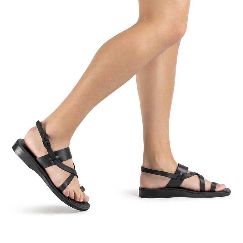 Bethany black, handmade leather sandals with back strap and toe loop - Model View