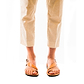 Model wearing Mia Tan, handmade leather buckle sandals with toe loop