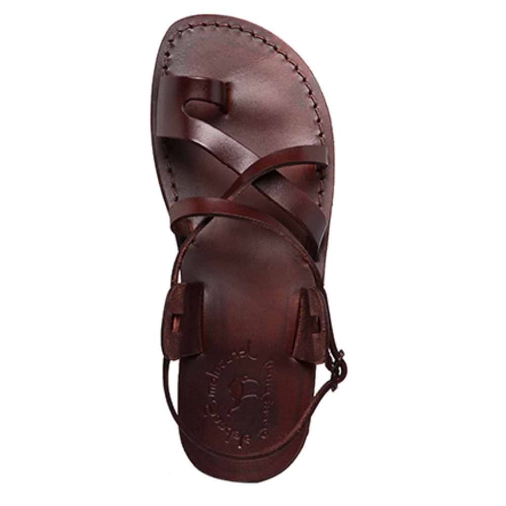 The Good Shepherd Buckle brown, handmade leather sandals with back strap and toe loop - up View