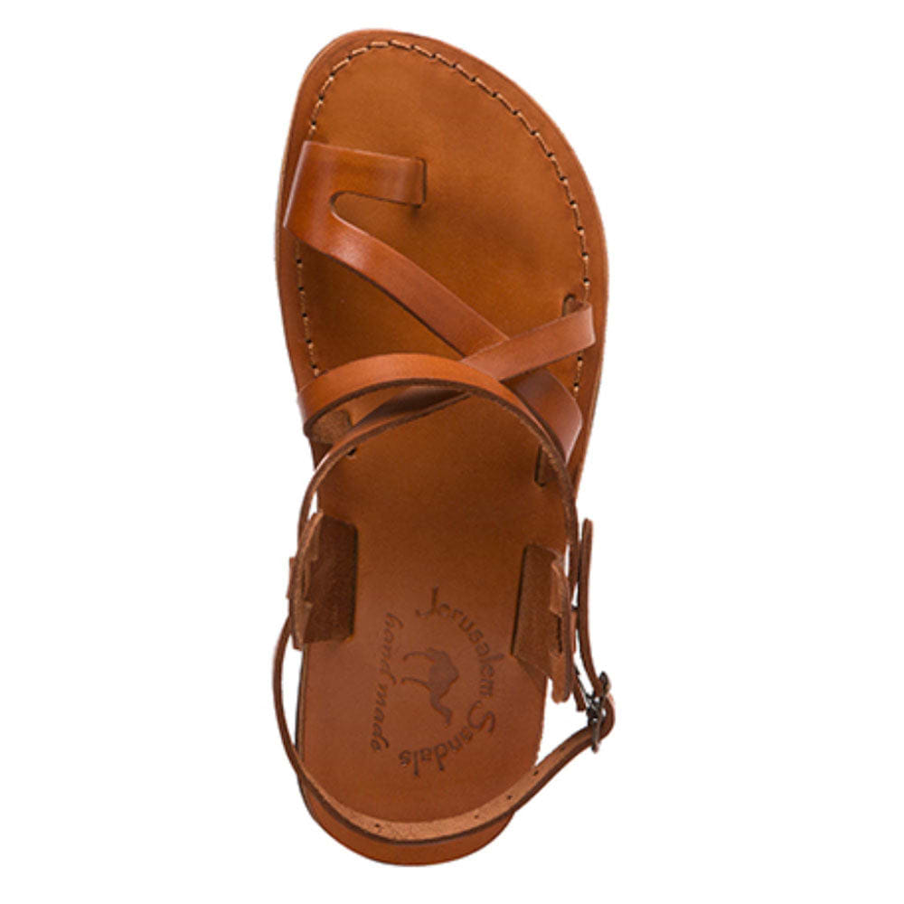 The Good Shepherd Buckle honey, handmade leather sandals with back strap and toe loop - up View