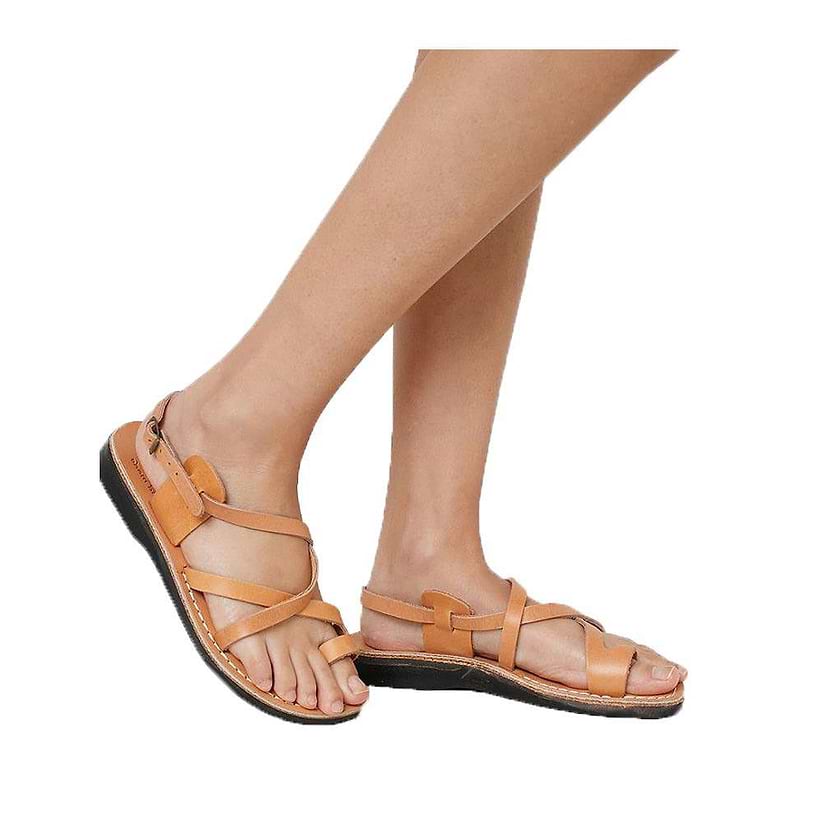 The Good Shepherd Buckle tan, handmade leather sandals with back strap and toe loop- on model View