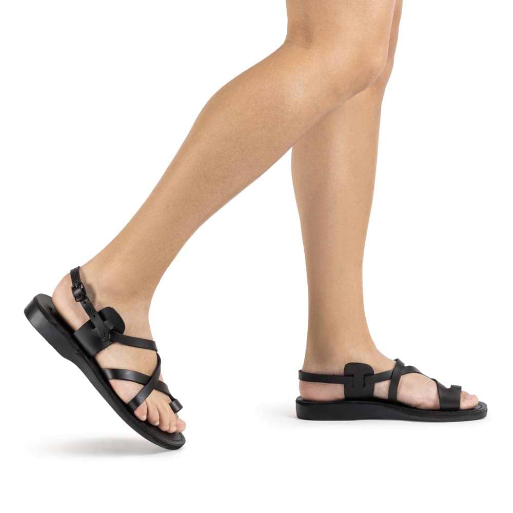 The Good Shepherd Buckle black, handmade leather sandals with back strap and toe loop - Front View