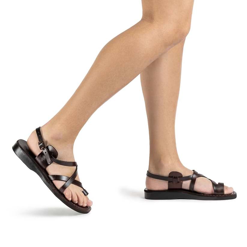 The Good Shepherd Buckle brown, handmade leather sandals with back strap and toe loop - Front View