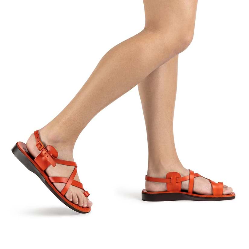 The Good Shepherd Buckle orange, handmade leather sandals with back strap and toe loop - Model View