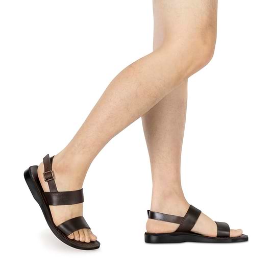 Model wearing Golan brown, handmade leather sandals with back strap