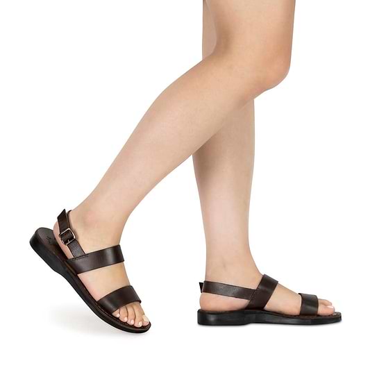 Model wearing Golan brown, handmade leather sandals with back strap