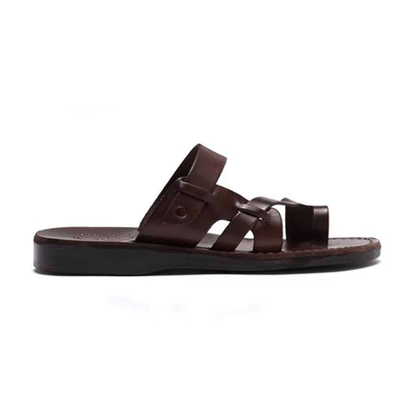 Jabin brown, handmade leather slide sandals with toe loop - Top View