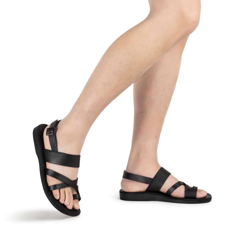 Amos black, handmade leather sandals with back strap and toe loop - model view