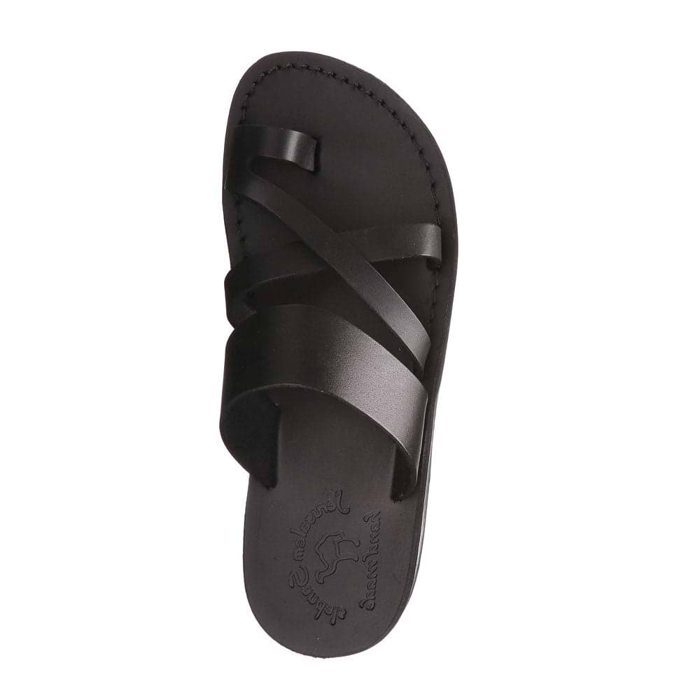 The Good Shepherd black, handmade leather slide sandals with toe loop - Side View