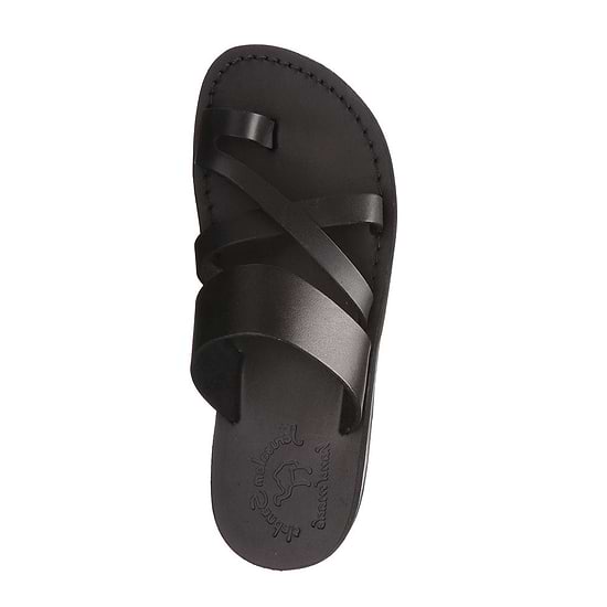 The Good Shepherd black, handmade leather slide sandals with toe loop - Side View