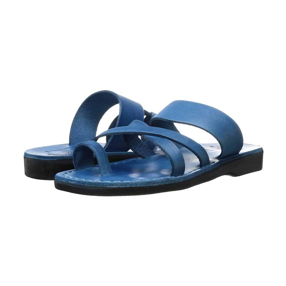 The Good Shepherd blue, handmade leather slide sandals with toe loop - Side View