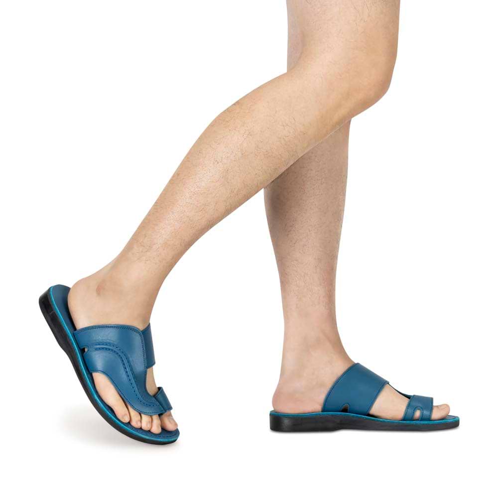 Peter Blue, handmade leather slide sandals with toe loop - model View