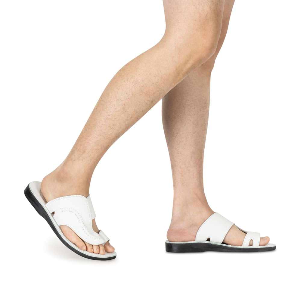 Peter white, handmade leather slide sandals with toe loop - model View