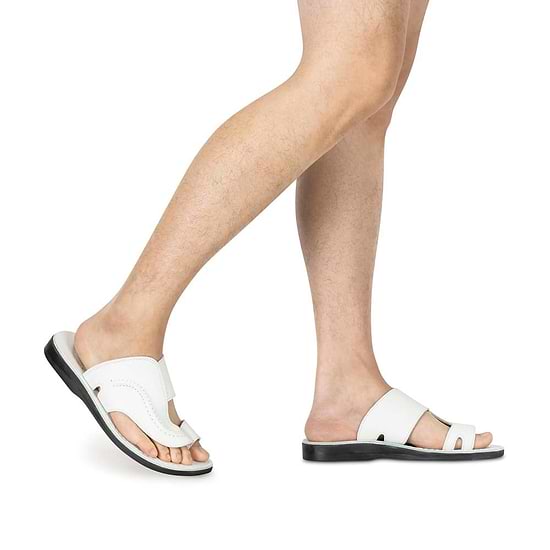 Peter white, handmade leather slide sandals with toe loop - model View