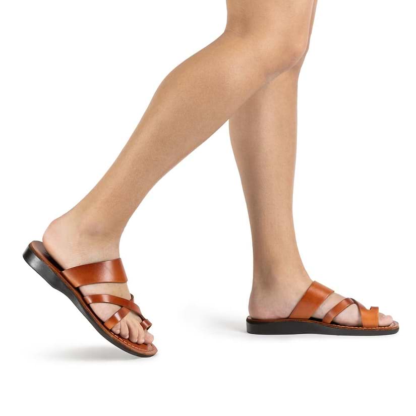 The Good Shepherd honey, handmade leather slide sandals with toe loop - Model View