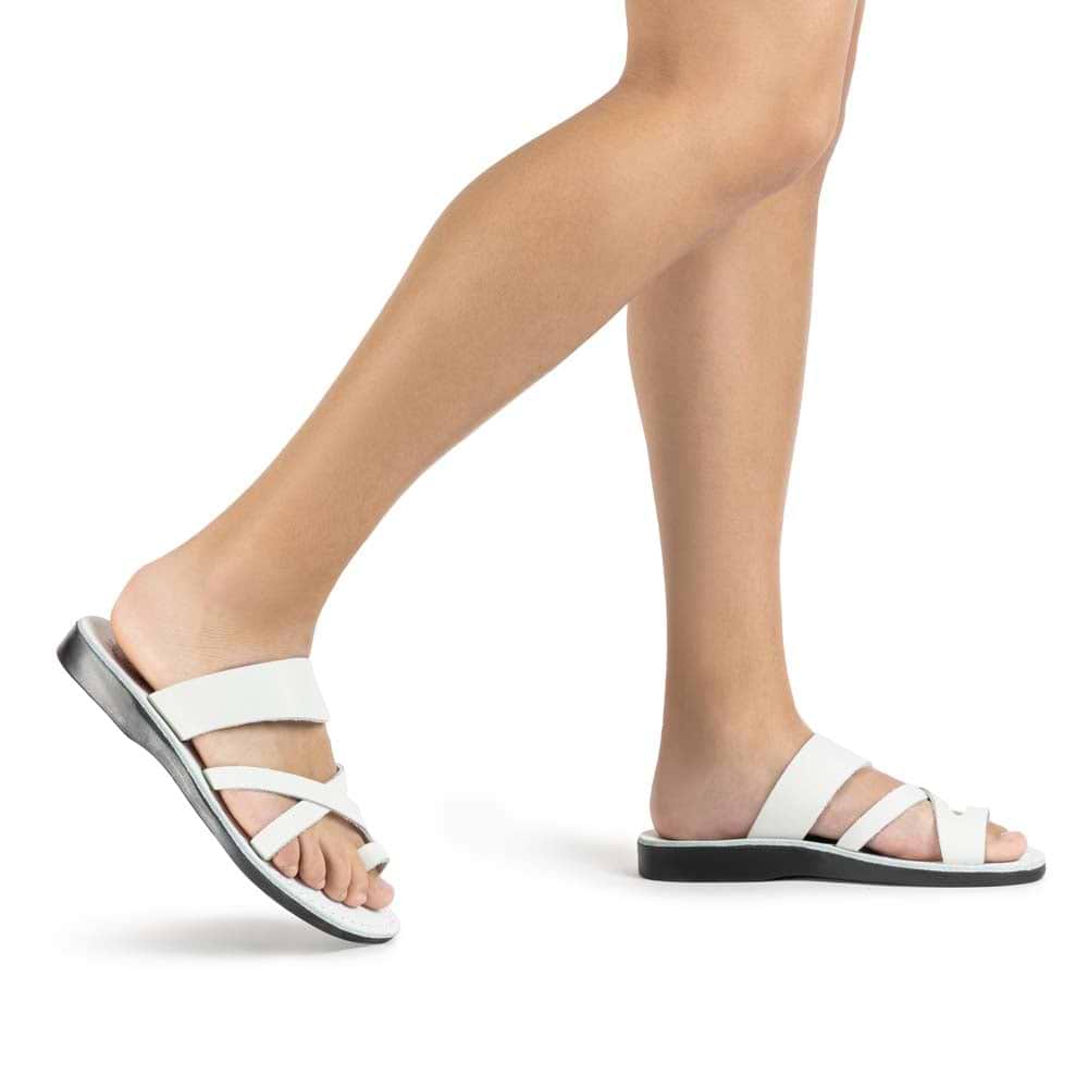 The Good Shepherd white, handmade leather slide sandals with toe loop - Model View