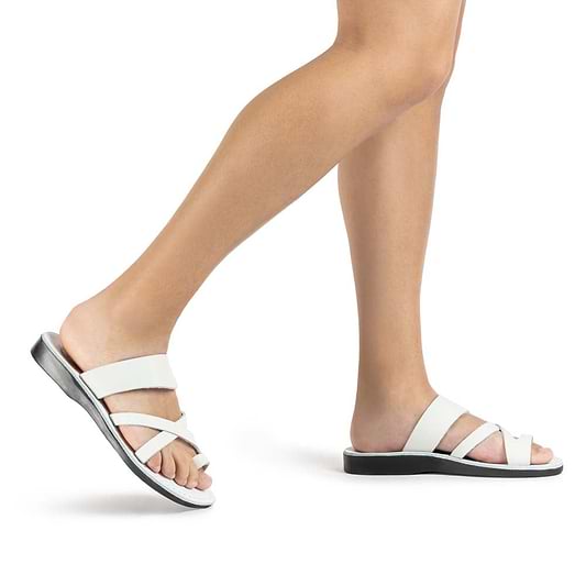 The Good Shepherd white, handmade leather slide sandals with toe loop - Model View