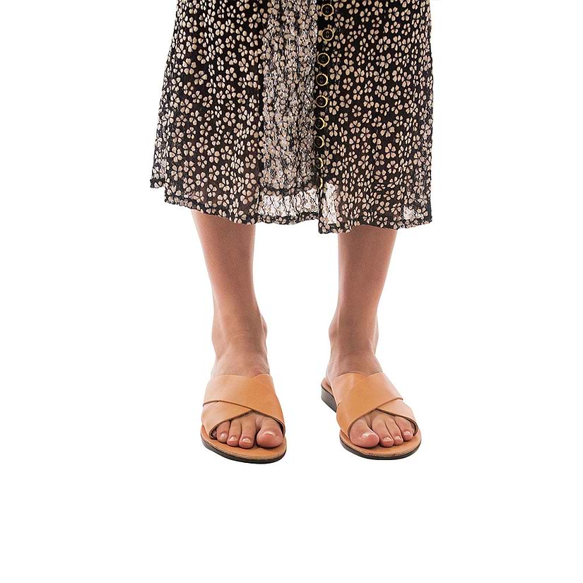 Model wearing Isla tan, handmade leather slide sandals 