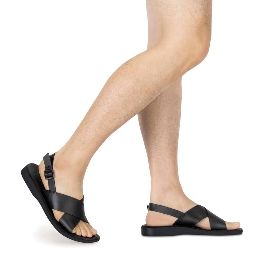 Model wearing Elan Buckle black, handmade leather sandals with back strap - Front View