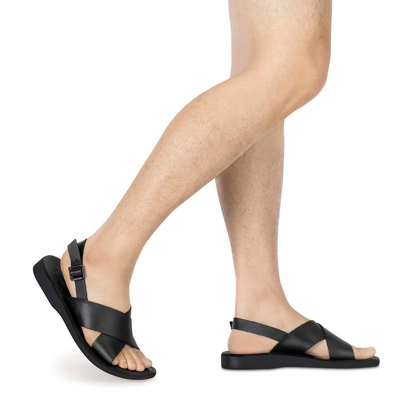 Model wearing Elan Buckle black, handmade leather sandals with back strap - Front View