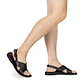 Model wearing Elan Buckle black, handmade leather sandals with back strap - Front View