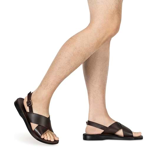 Model wearing Elan Buckle brown, handmade leather sandals with back strap - Front View