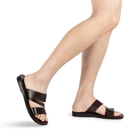 Boaz brown, handmade leather slide sandals - Model View