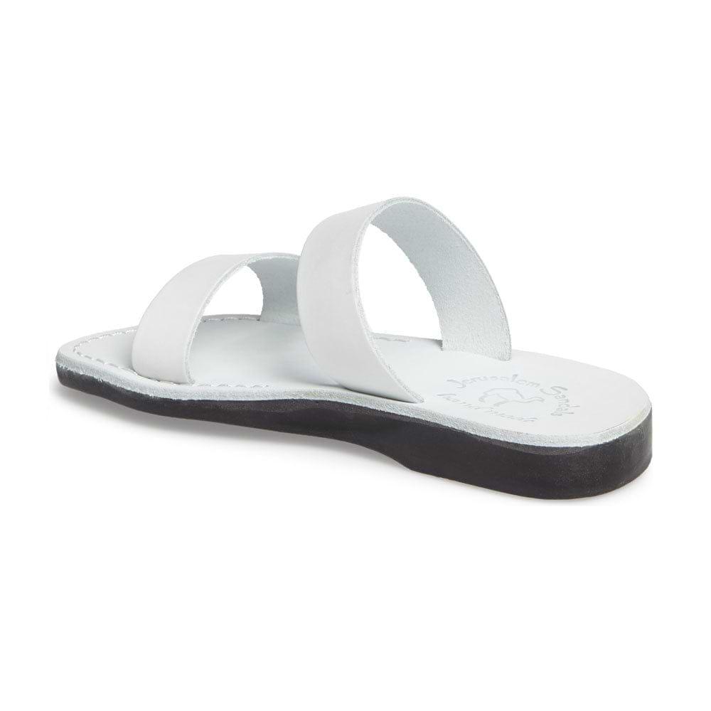 Aviv White, handmade leather slide sandals - back View