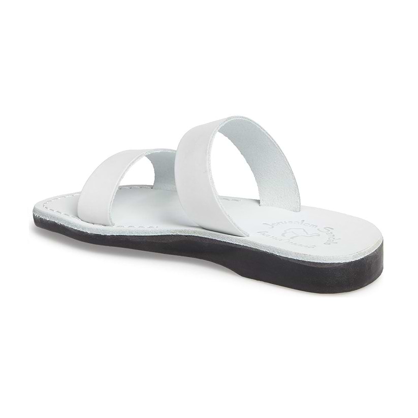 Aviv White, handmade leather slide sandals - back View