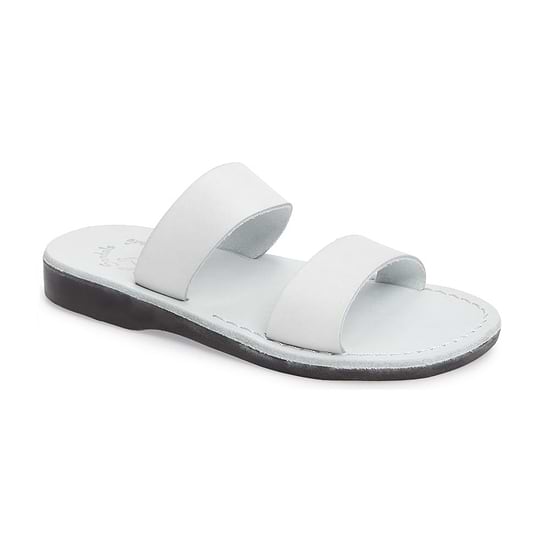 Aviv White, handmade leather slide sandals - Front View