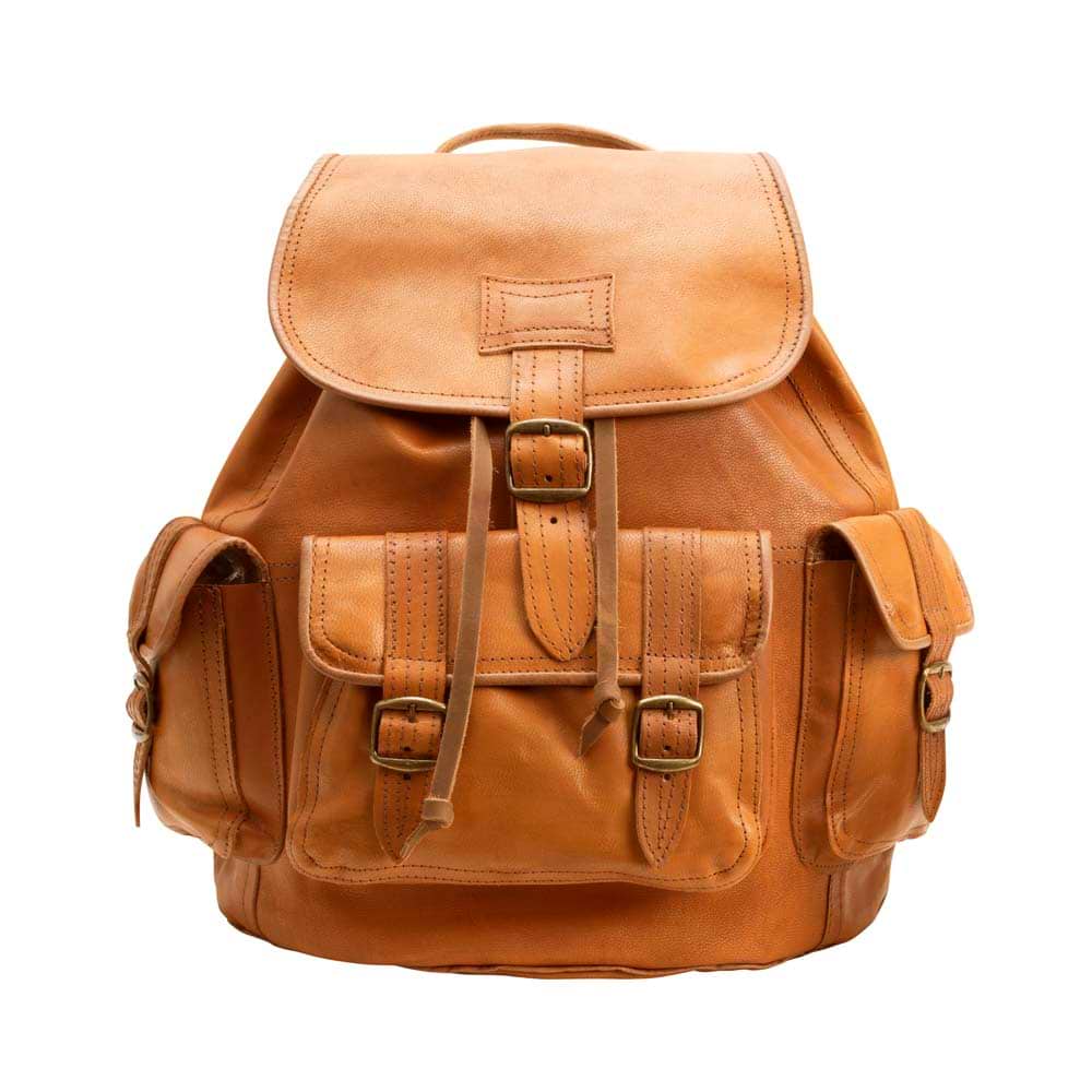 Side Pocket Backpack brown, handmade leather bag - Front View