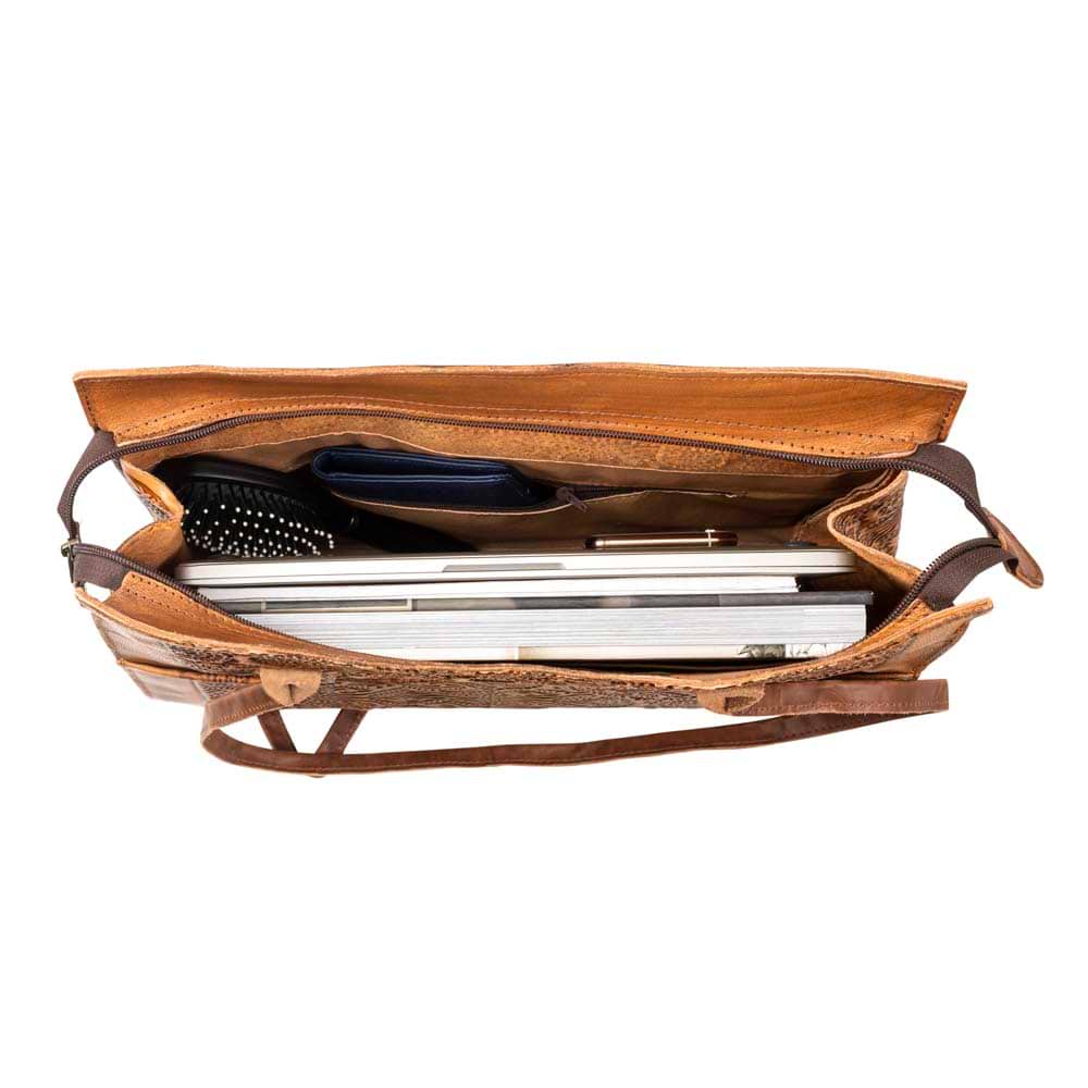 Embossed Leather Tote Handbag brown, handmade leather bag - inside View